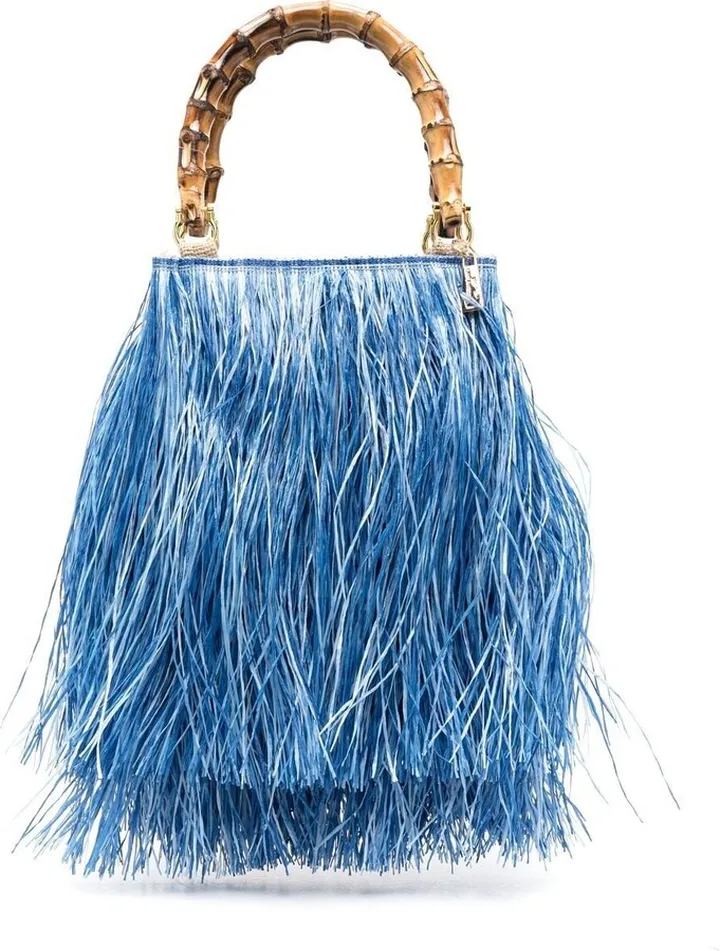 Raffia-Design Bamboo-Handle Tote Bag