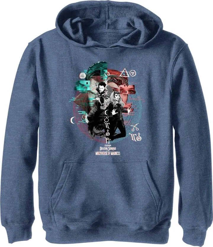 Boy's Marvel Doctor Strange in the Multiverse of Madness Wanda and Strange Glitch Pull Over Hoodie - Navy Blue Heather - Medium