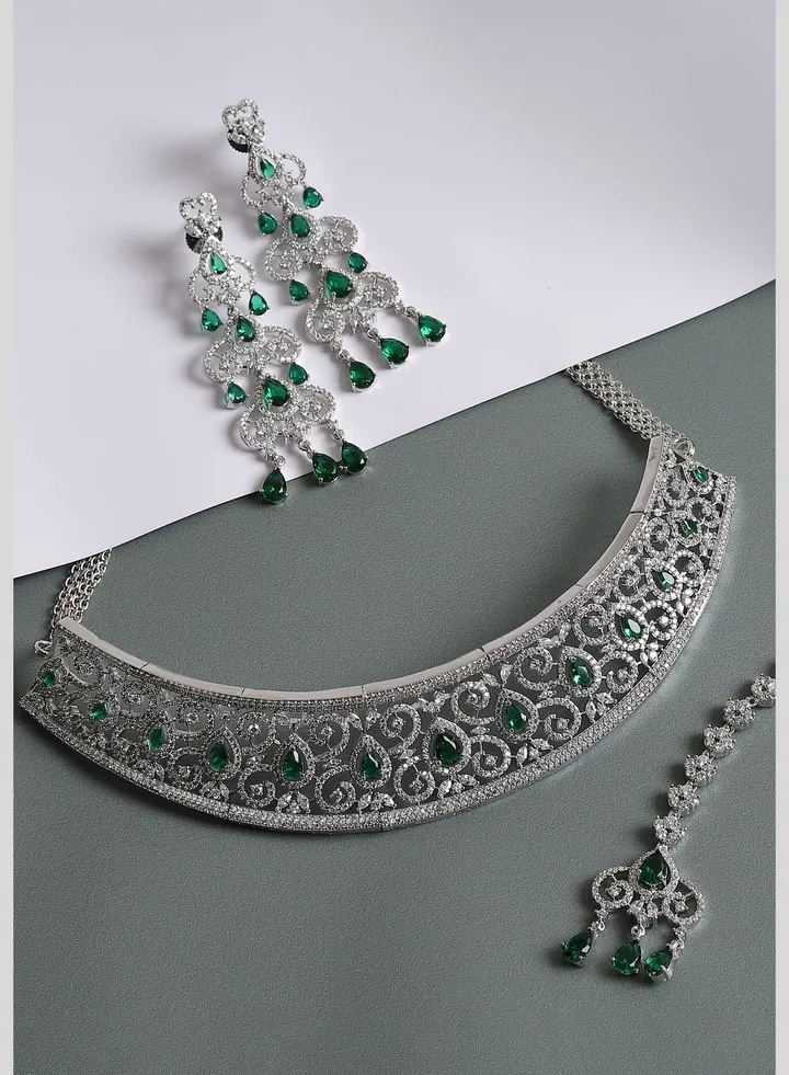 Silver Plated American Diamond and Designer Stone Party Necklace, Earring and Maang Tikka Set For Women