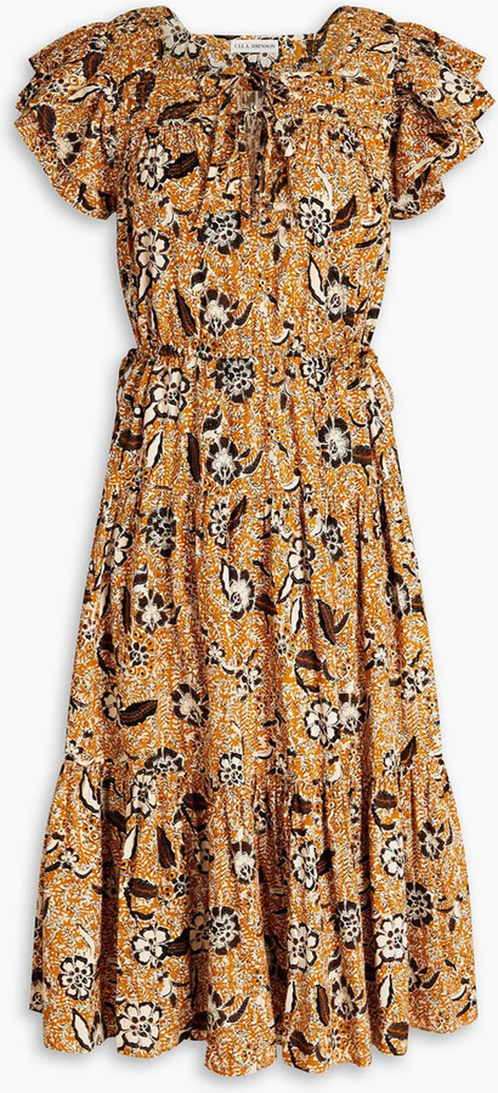 Amber gathered floral-print cotton-blend midi dress