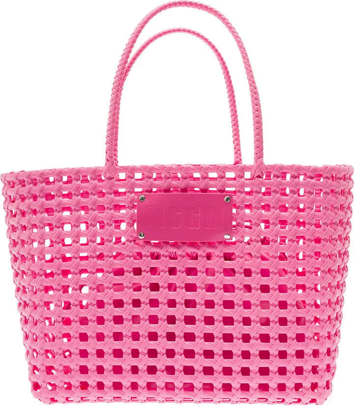 Pinktote Bag With Logo Patch In Braided Rubber Woman