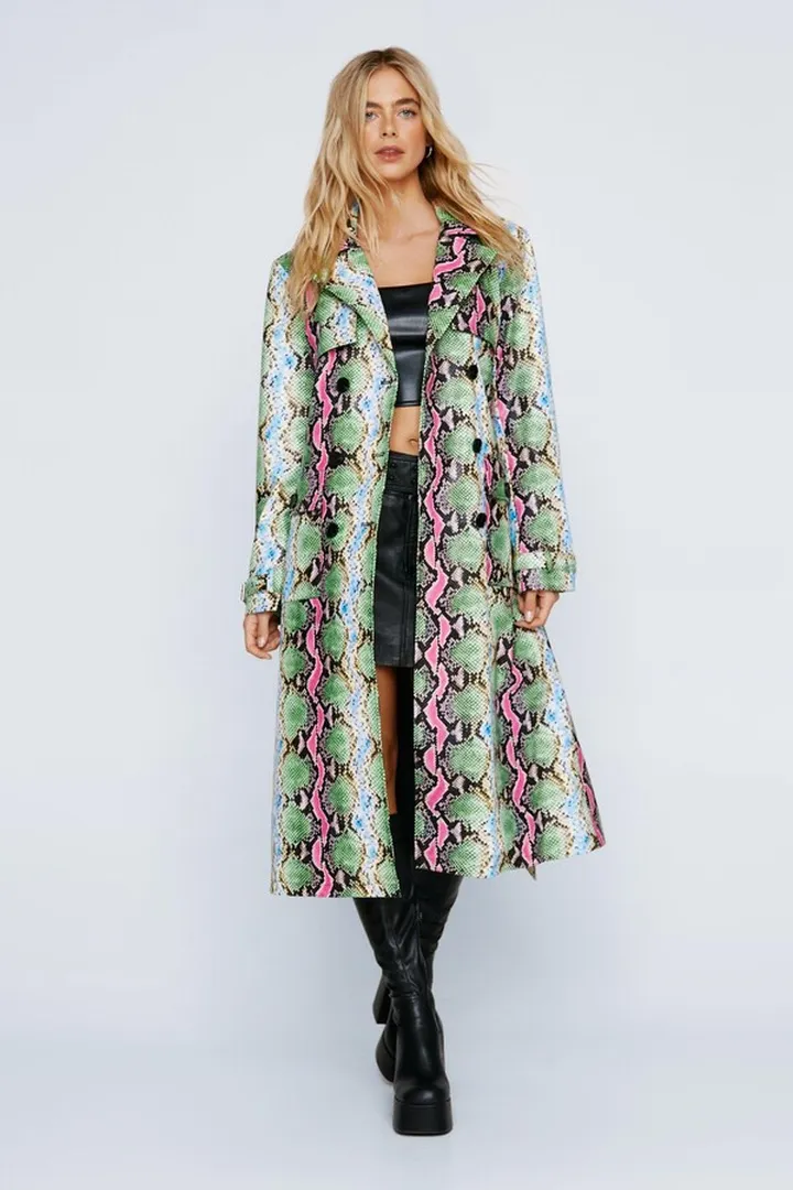 Nasty Gal Womens Faux Leather Snake Trench Coat