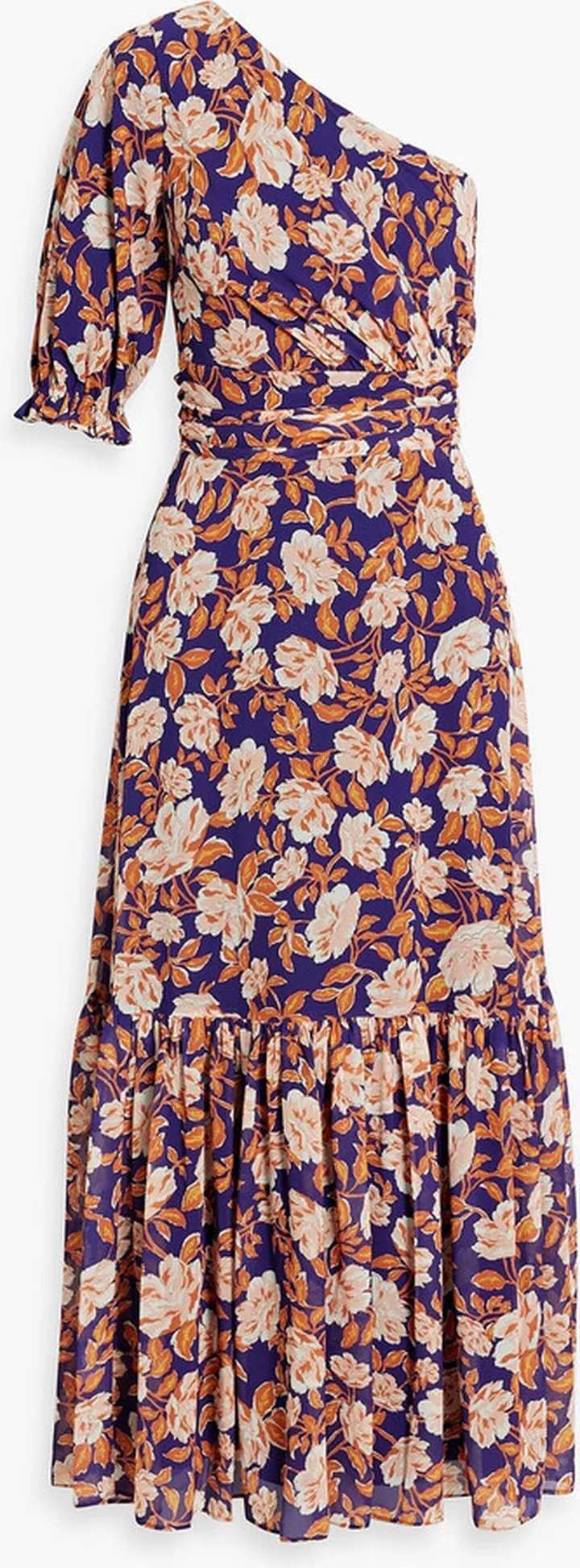 One-shoulder floral-print crepe de chine midi dress