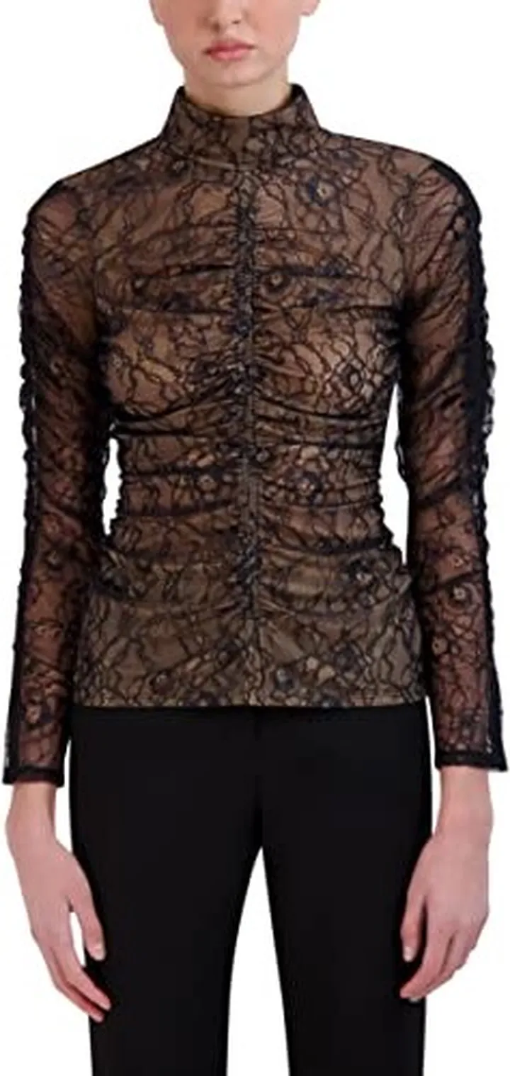 BCBGMAXAZRIA Women's Fitted Long Sleeve Top Turtleneck Ruched Bodice Button Shirt