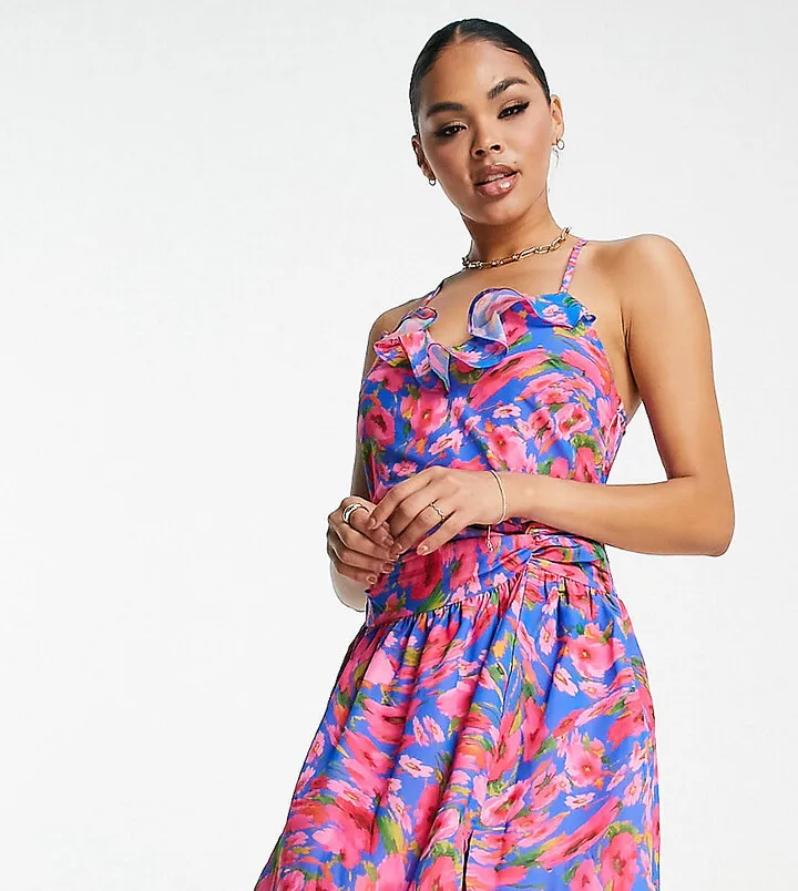 ASYOU frill edge plunge ruched mini dress in floral print