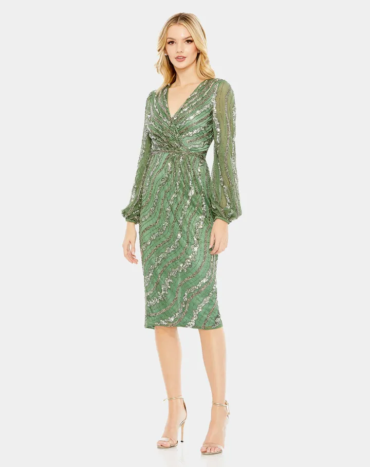 Embellished Wrap Over Puff Sleeve Dress