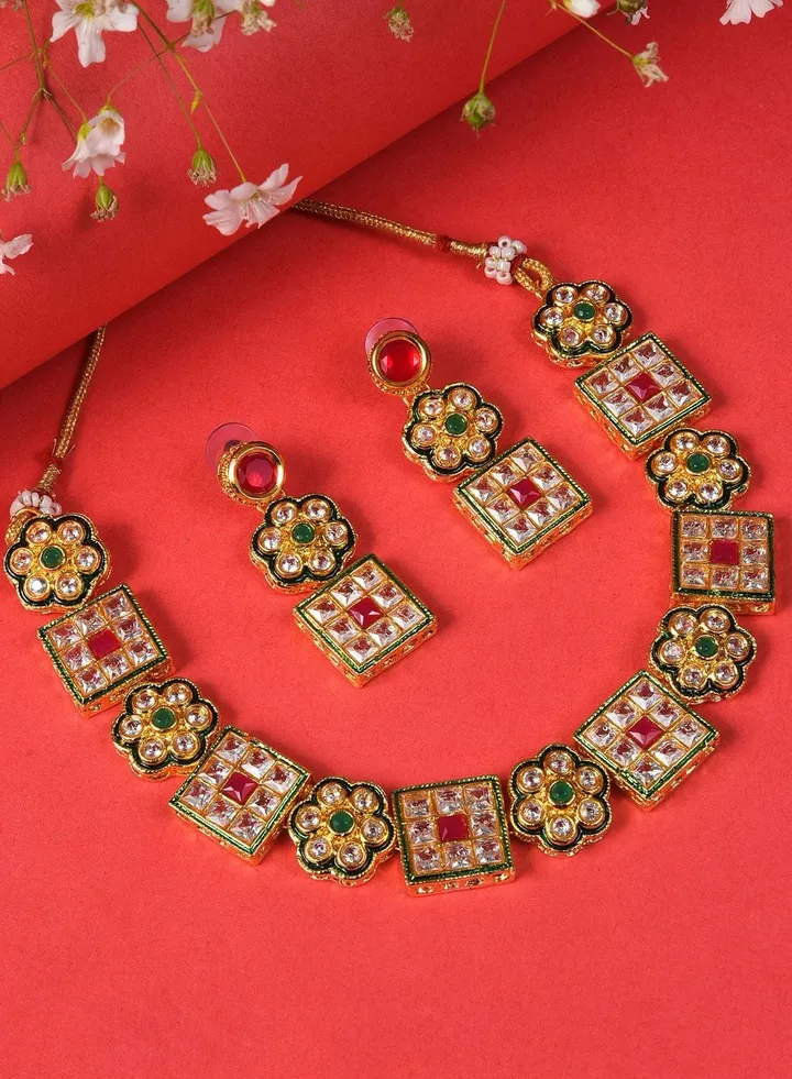 Gold Plated Designer Stone Necklace and Earrings Set