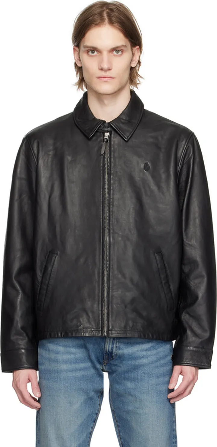 Polo Ralph Lauren Black Embroidered Leather Jacket
