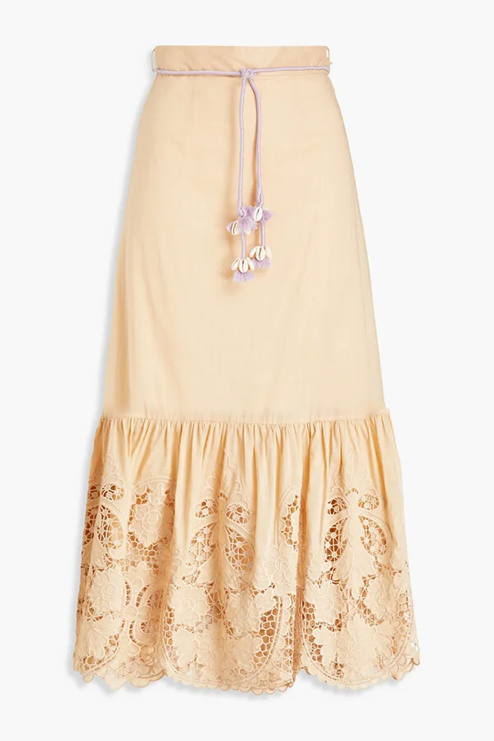 Boderie anglaise-trimmed gathered cotton midi skirt
