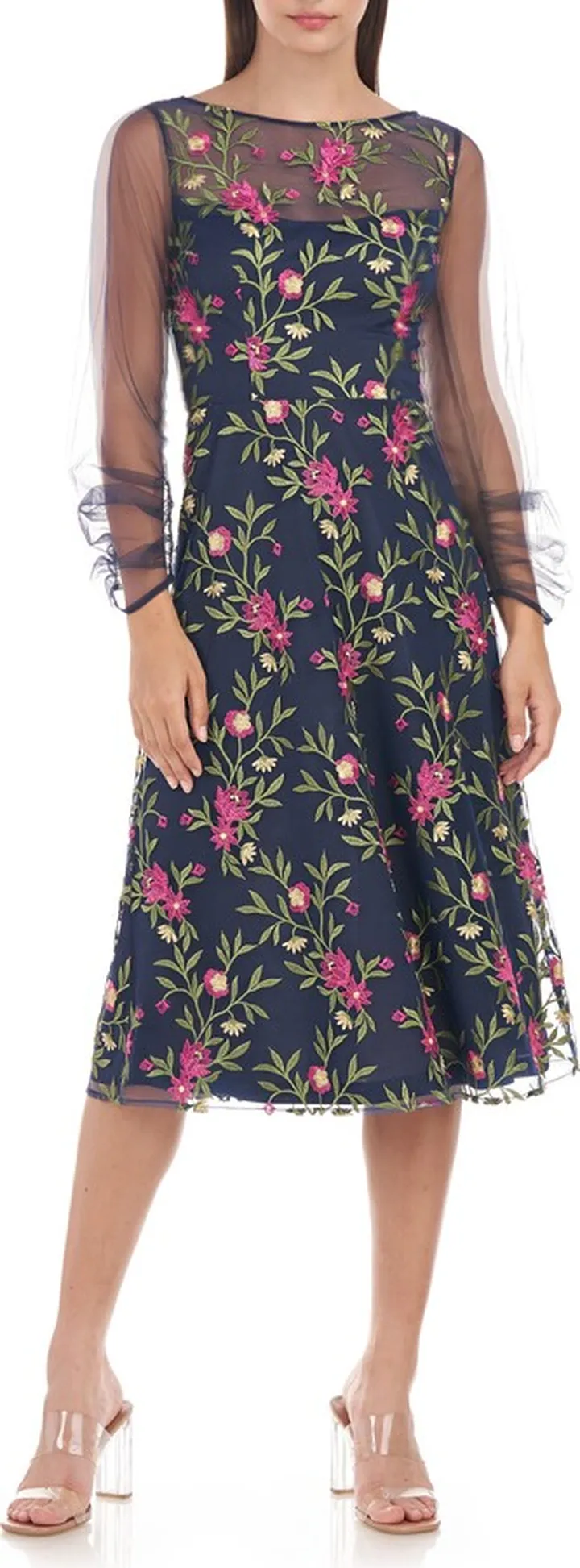Evelyn Embroidered Illusion Long Sleeve Midi Dress