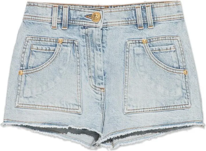 Balmain Frayed Hem High Waist Denim Shorts