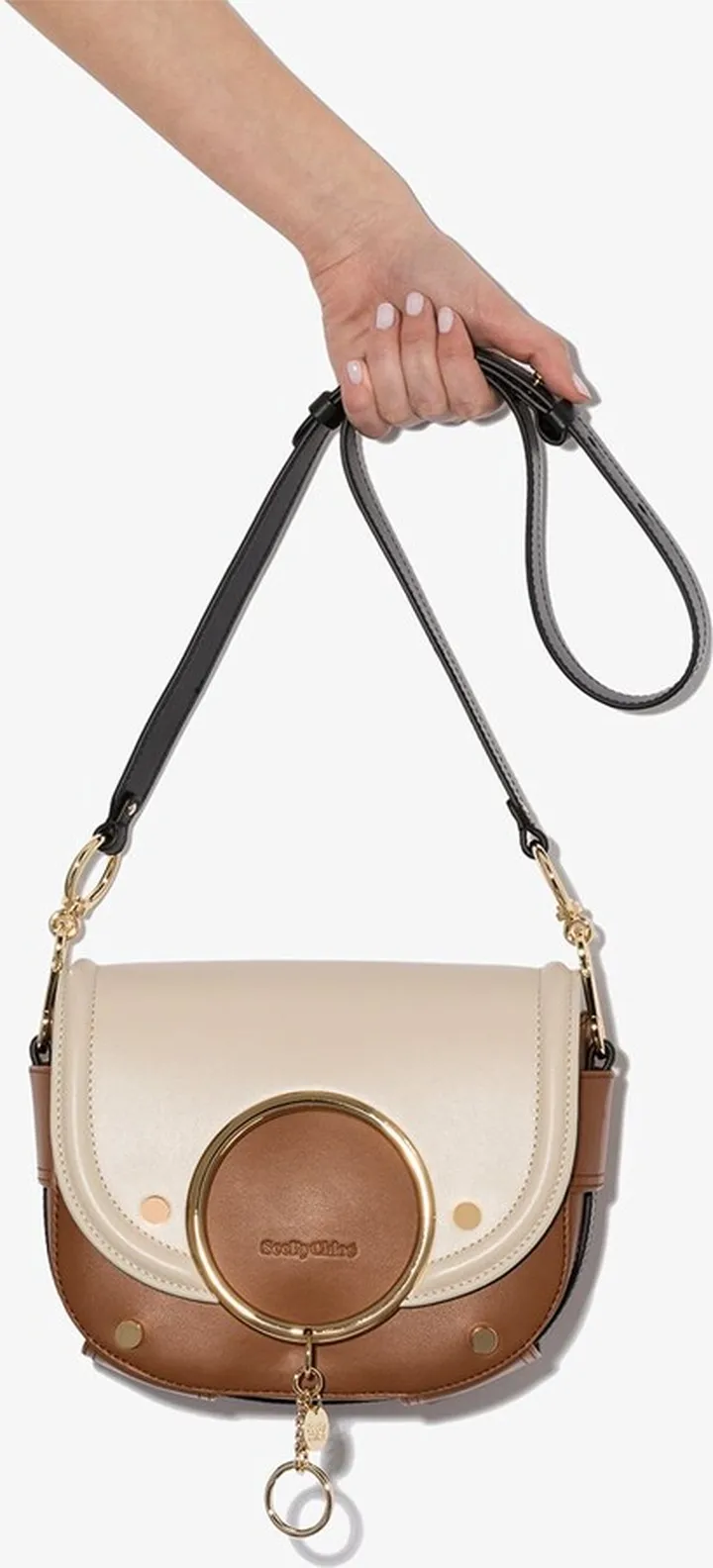 Beige Small Leather Ring Detail Cross Body Bag