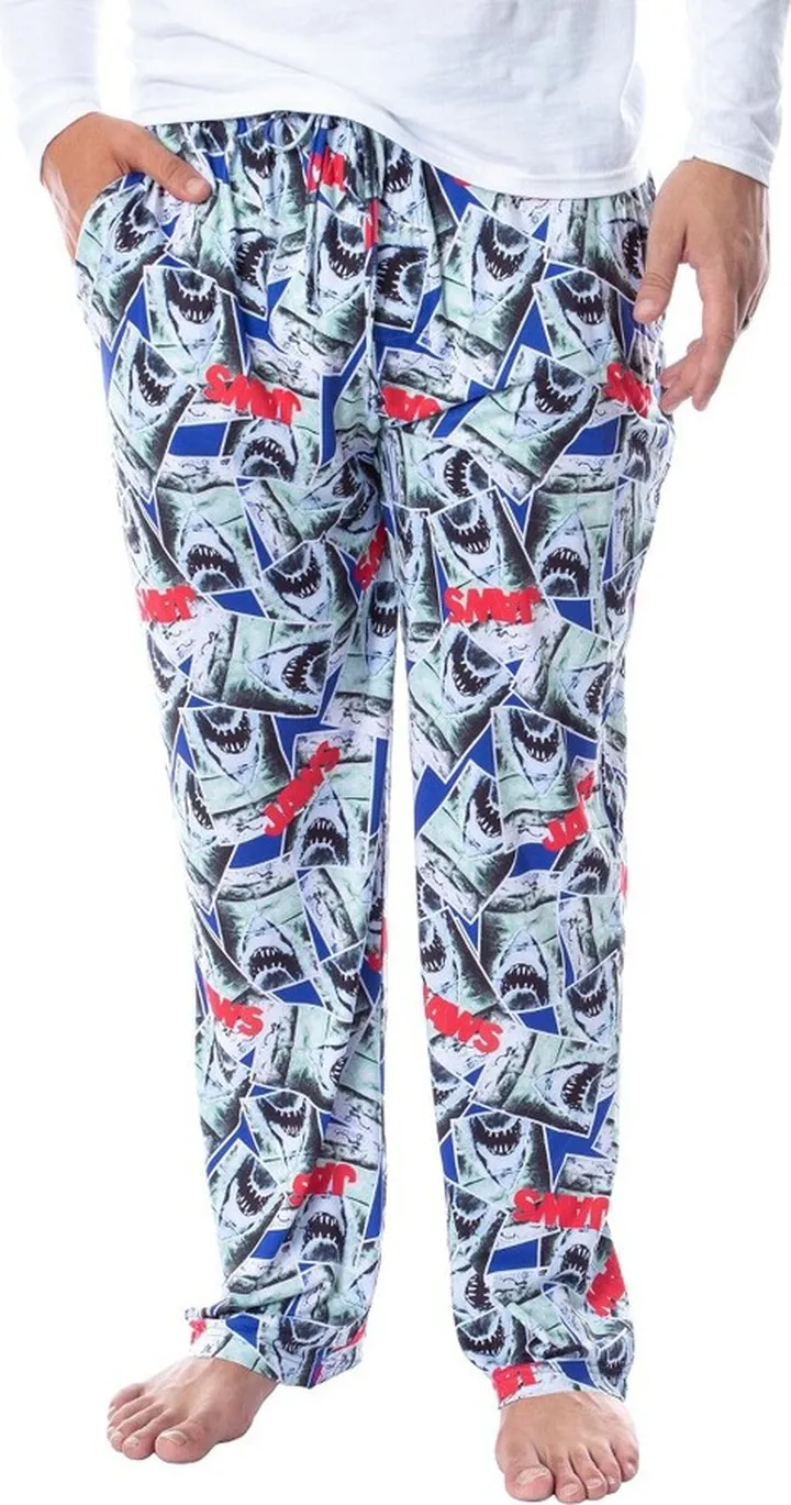 Jaws Mens' Classic Film Movie Poster Tossed Print Sleep Pajama Pants (X-Large) Blue