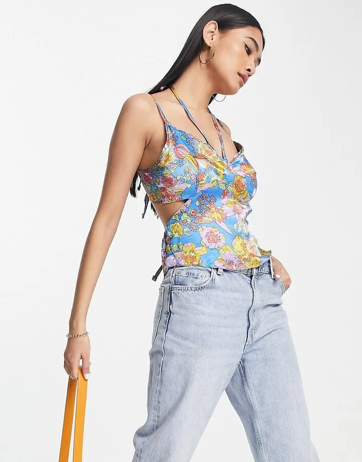 Topshop strappy cut out dreamy floral cami in multi