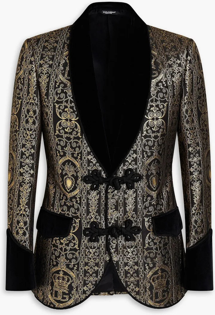 Velvet-trimmed metallic jacquard blazer