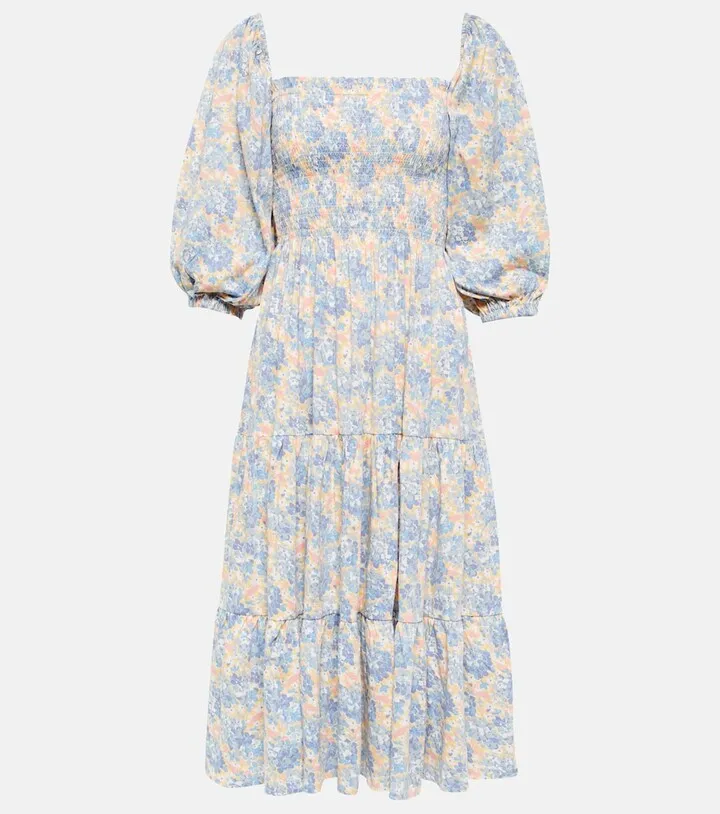 Floral shirred cotton-blend midi dress