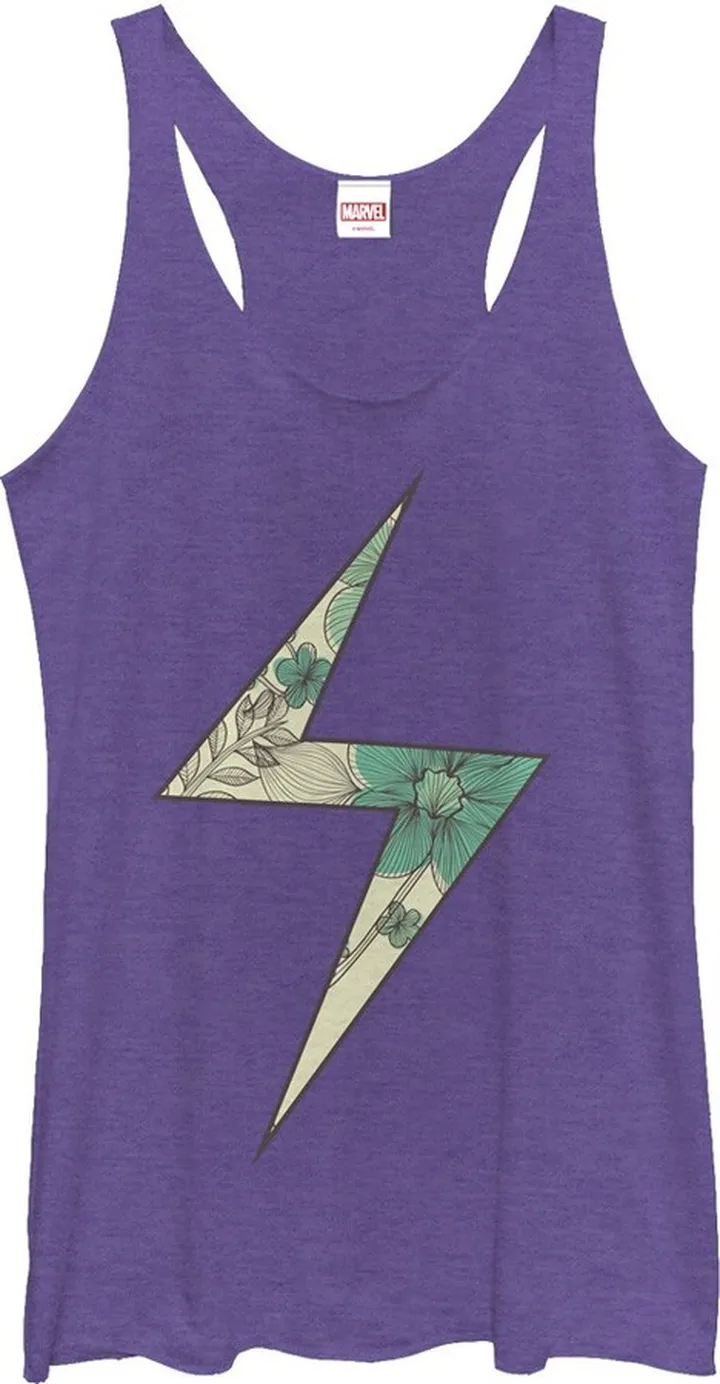 Women's Marvel Lightning Bolt Floral Print Ms. Marvel Racerback Tank Top - Purple Heather - Medium