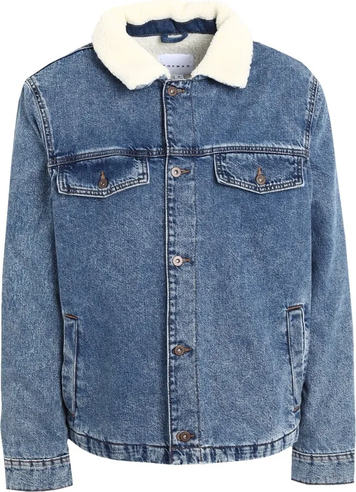 Topman Borg Collar Denim Jacket In Mid Wash Blue Denim Outerwear Blue