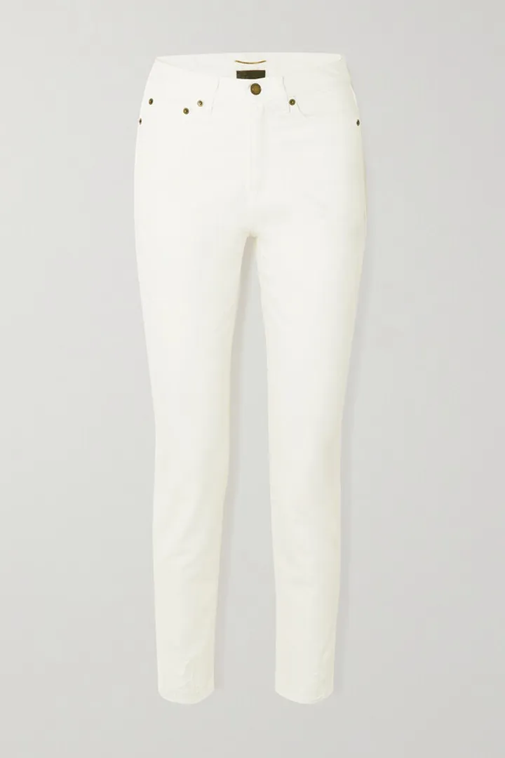 SAINT LAURENT - Distressed High-rise Slim-leg Jeans - White