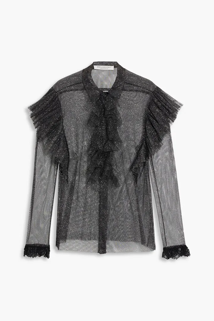 Ruffled metallic lace-trimmed mesh blouse
