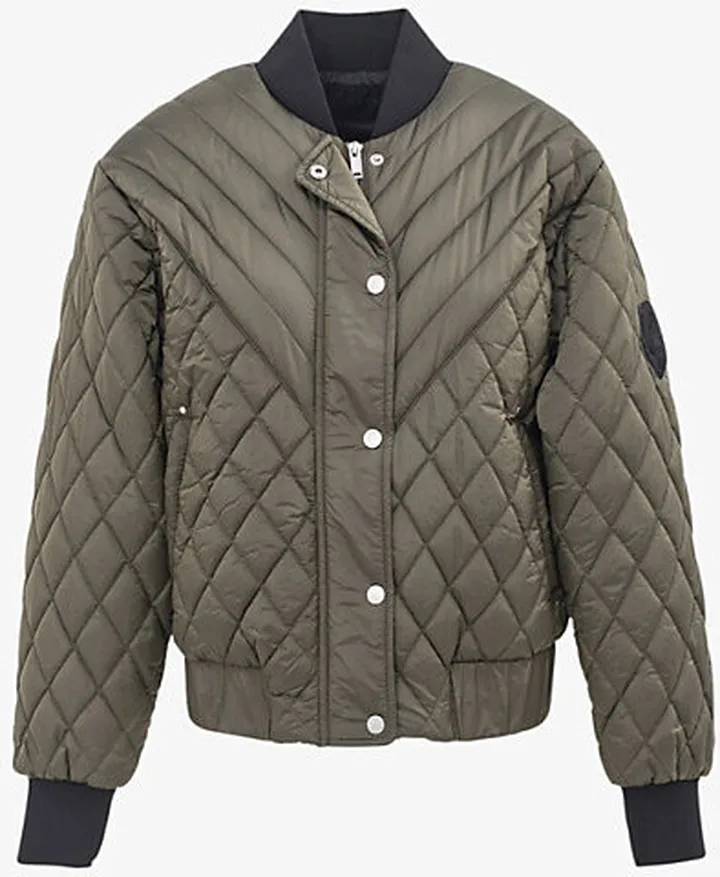 Womens Khaki Green Quilted Satin Bomber Jacket