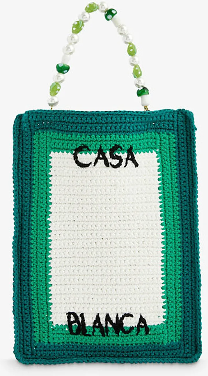 Womens Green Beaded Cotton-crochet Tote bag