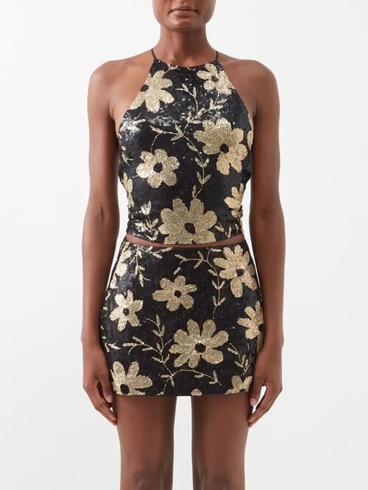 Floral Sequinned Georgette Halterneck Top