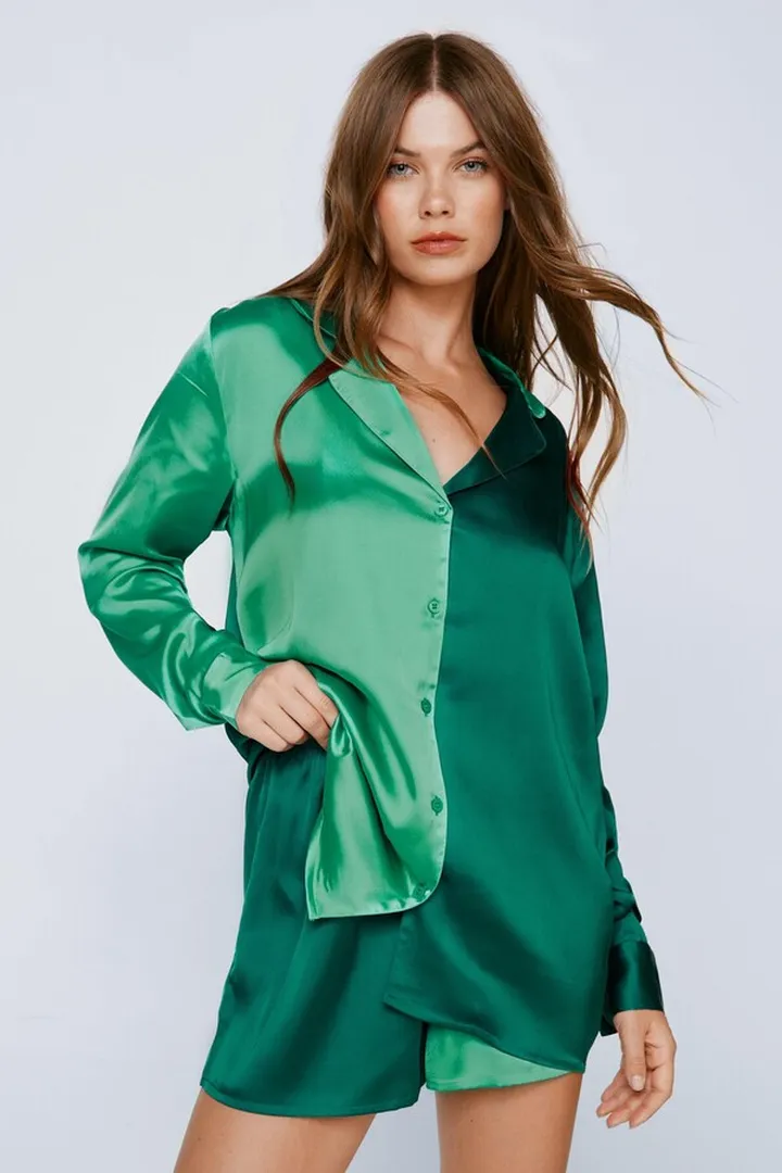 Nasty Gal Womens Satin Colorblock Pajama Shirt And Short Set