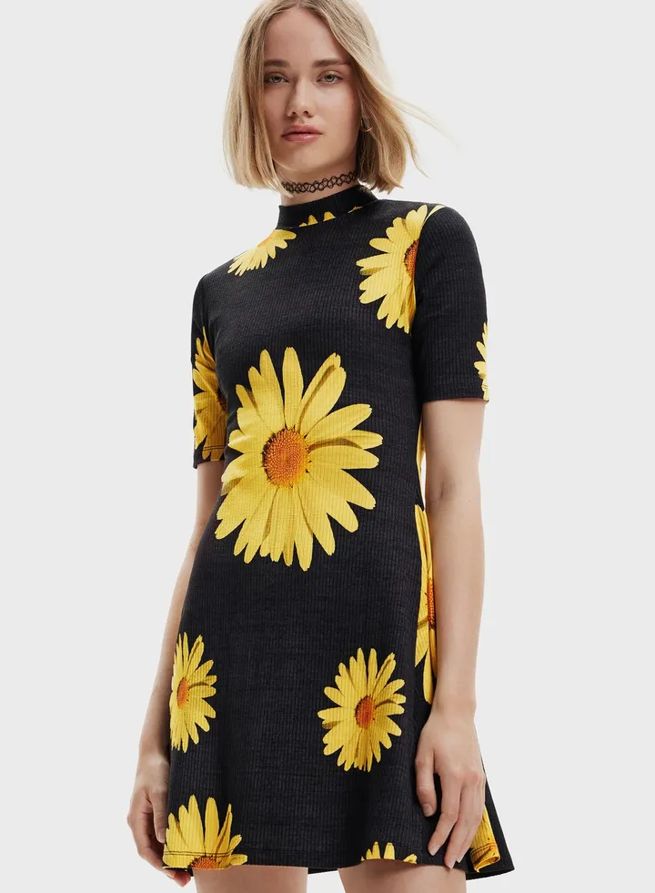 Ribbed Floral Print Dress