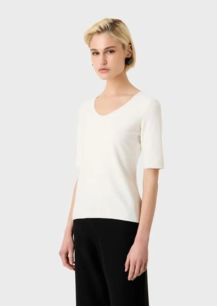 Stretch jacquard nylon V-neck jumper