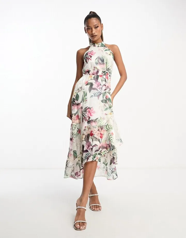 Lipsy halterneck midi dress with wrap skirt in floral print