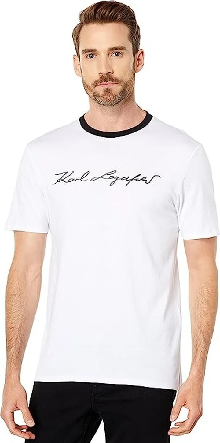 Karl Lagerfeld Paris Short Sleeve Crew Neck T-Shirt with Shiny Signature Logo (White) Men's T Shirt