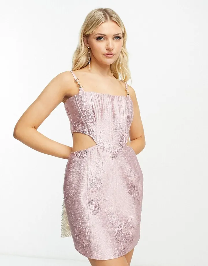 Miss Selfridge occasion corset mini dress in pink jacquard