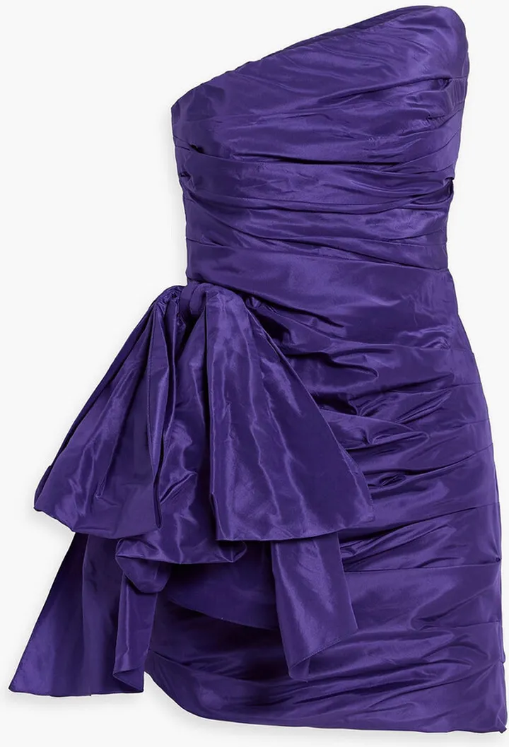Strapless bow-embellished pleated silk-taffeta mini dress
