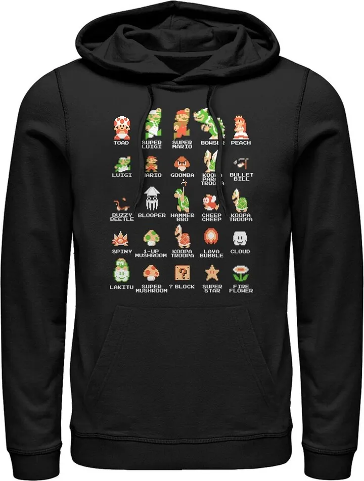 Men's Nintendo Super Mario Bros Character Guide Pull Over Hoodie - Black - Small
