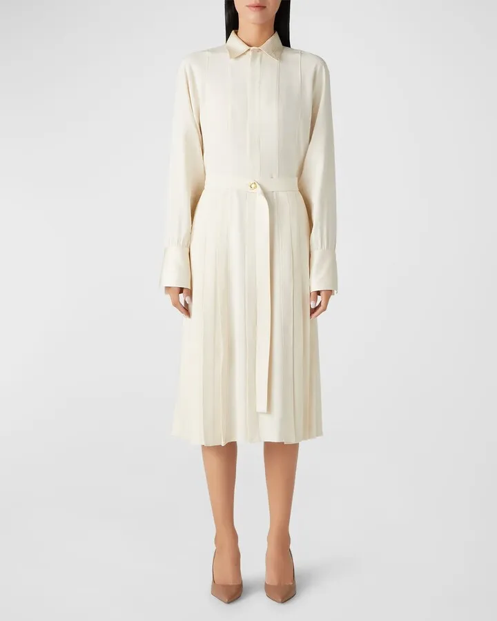 Satin-Back Pleated Crepe Midi Shirtdress With Belt