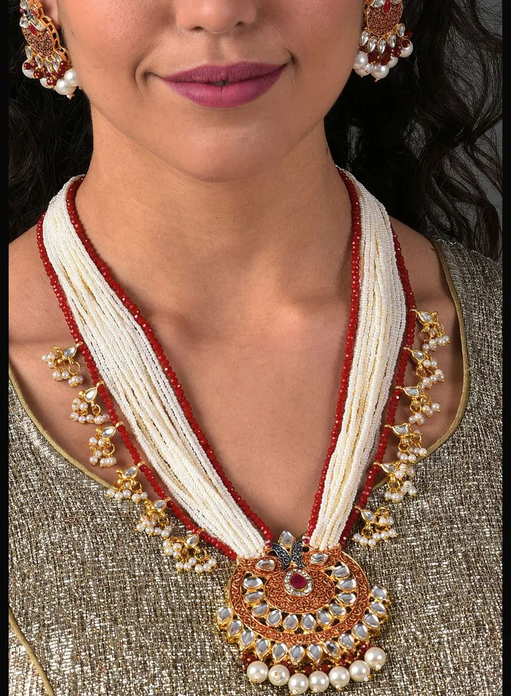 Gold Plated Designer Stone Pearl Necklace and Earrings Set