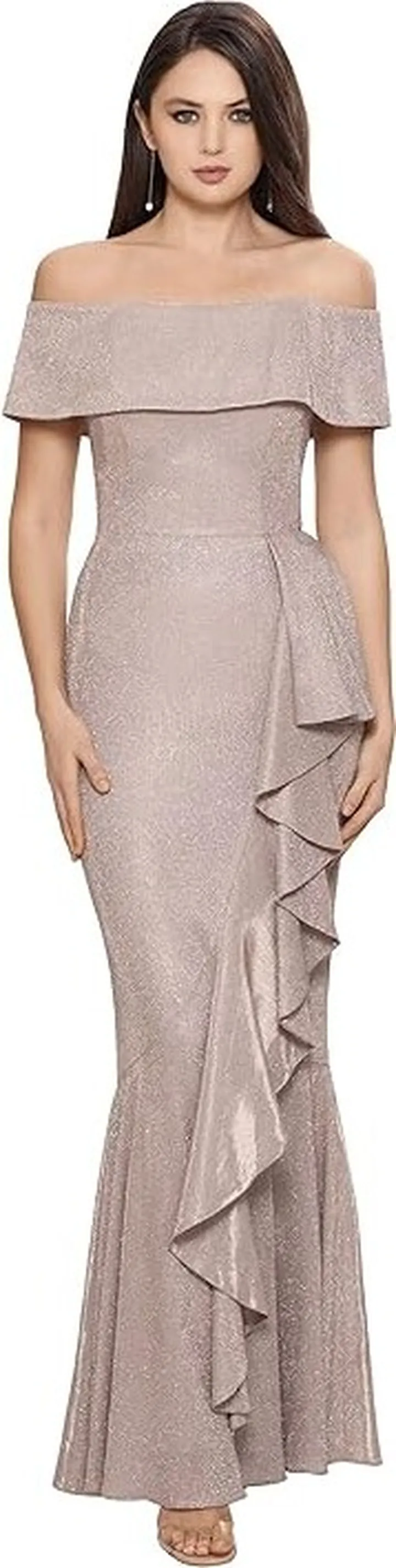 Betsy & Adam Off-the-Shoulder Glitter Gown (Blush) Women's Clothing