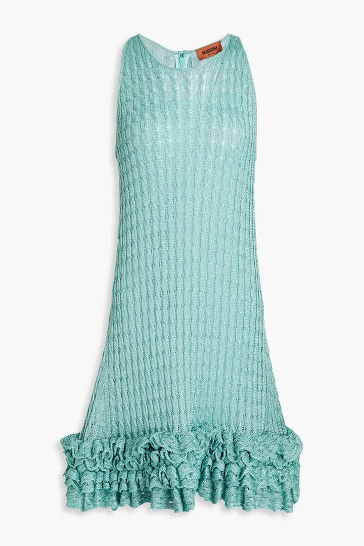 Ruffled metallic crochet-knit mini dress