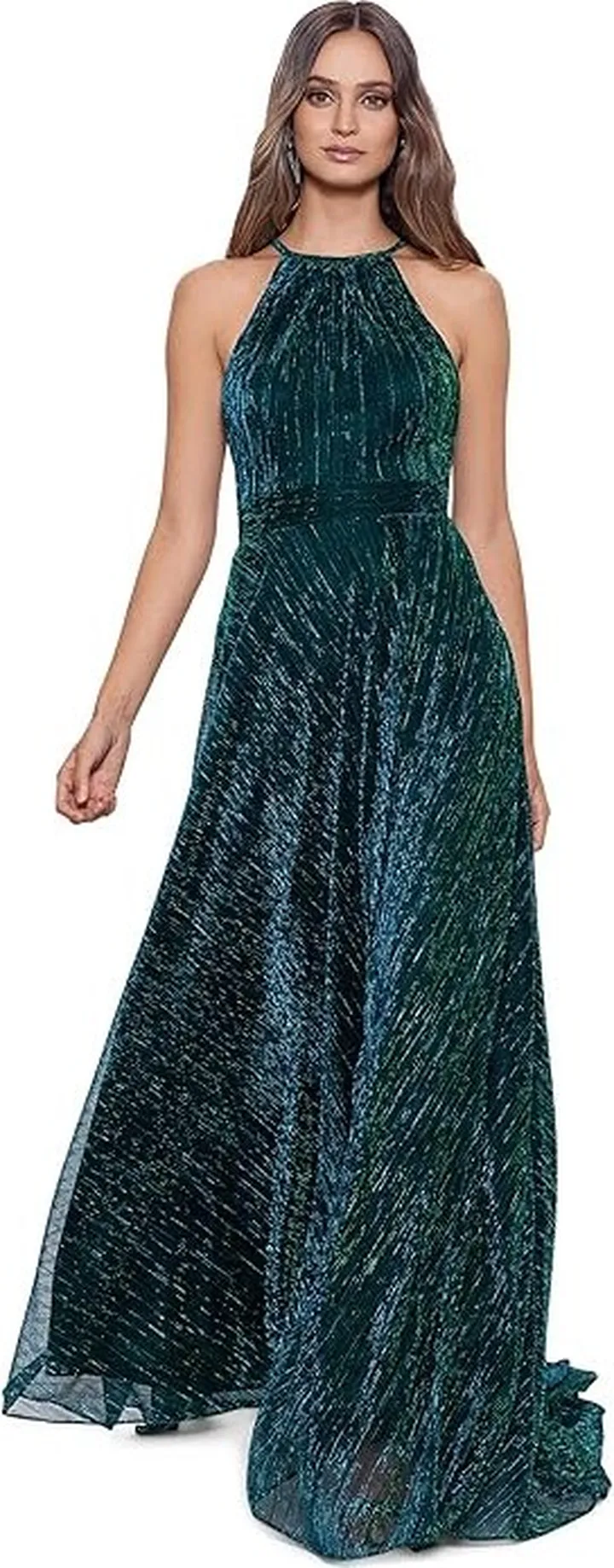 Betsy & Adam Long Halter Metallic Crinkle Knit Gown (Jade) Women's Dress
