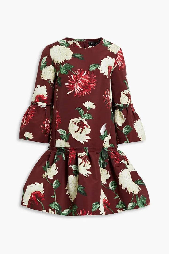 Fluted floral-print taffeta mini dress