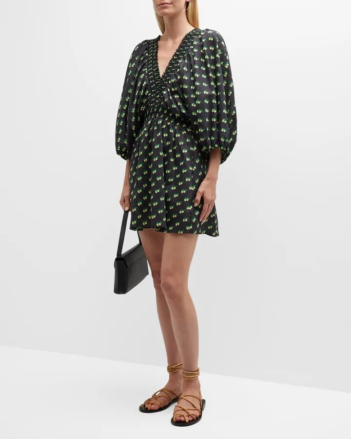 Bayside Lemon-Print Balloon-Sleeve Mini Dress