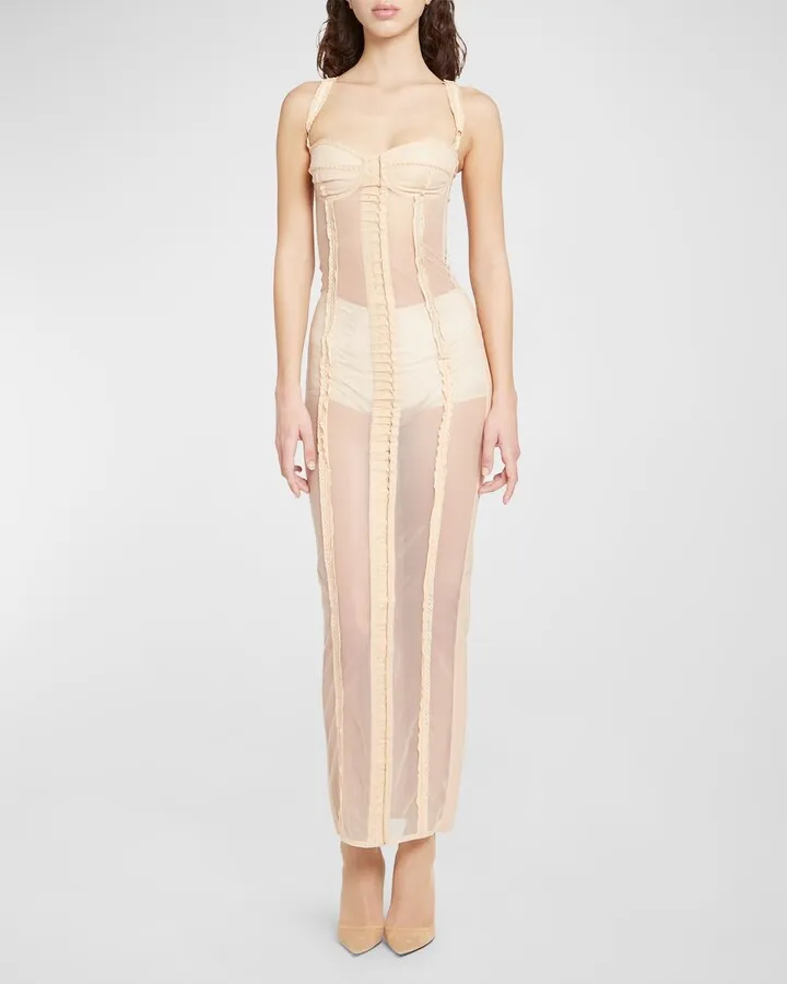 Sheer Ruffle Bustier Maxi Dress