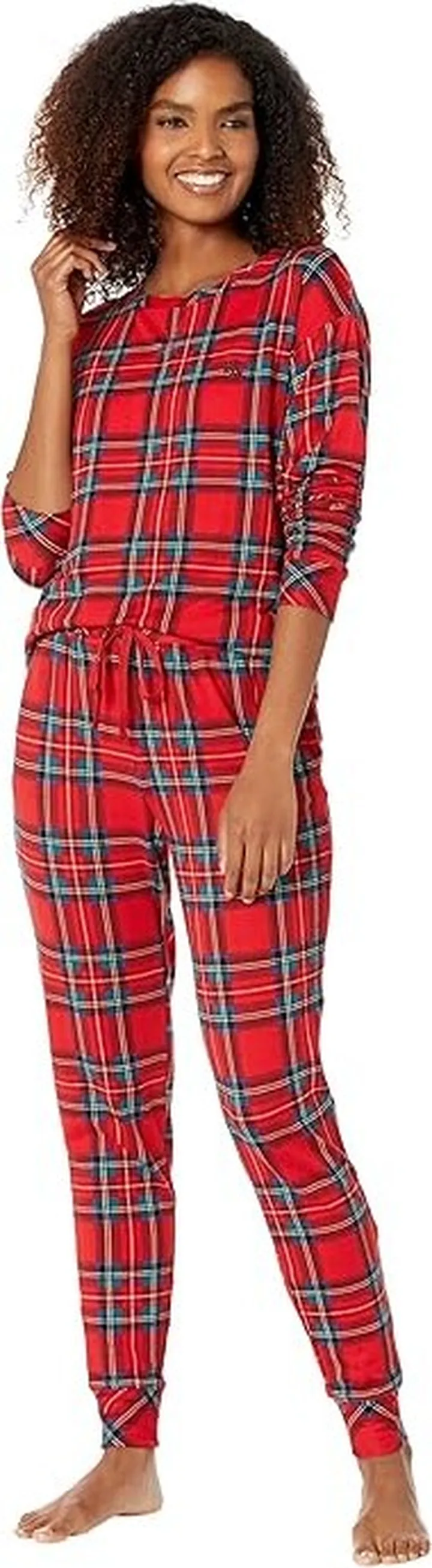 LAUREN Ralph Lauren Long Sleeve Crew Neck Joggers PJ Set (Red Plaid) Women's Pajama Sets