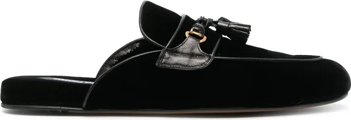 Black Tassel Trim Velvet Slippers