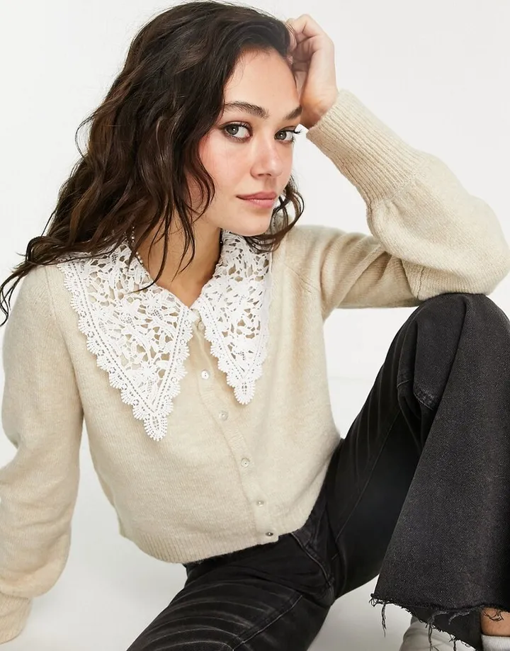 Only collar detail cardigan in beige