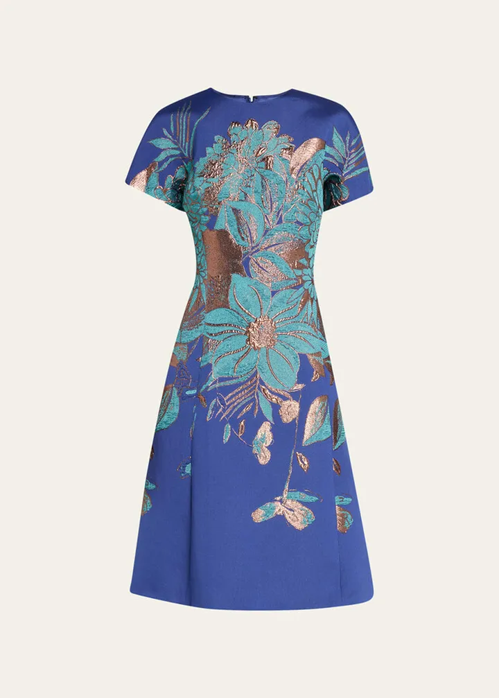 Floral Jacquard Cap-Sleeve Dress