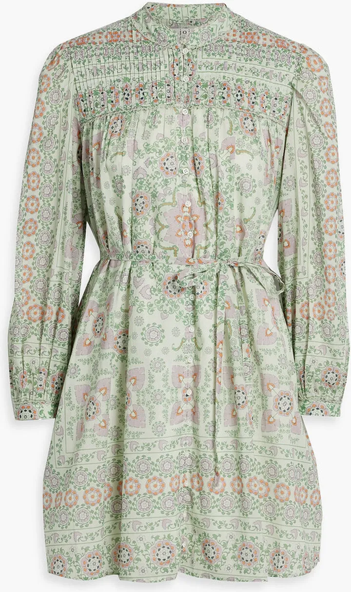 Challensia pintucked printed cotton mini dress