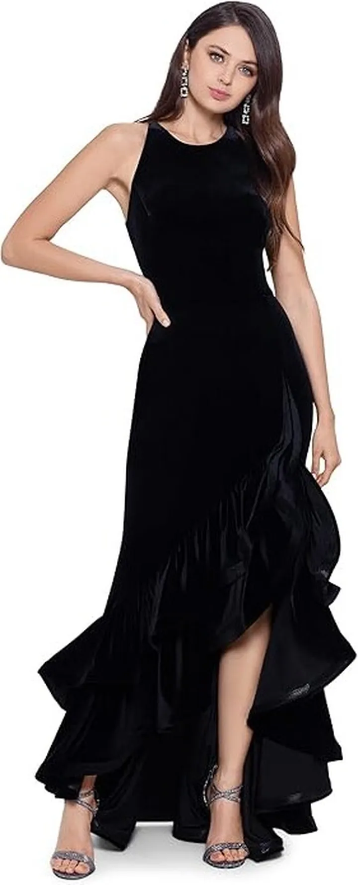 Betsy & Adam Long Velvet Tiered Ruffle Dress (Black) Women's Dress