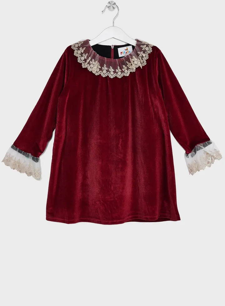 Girls Long Sleeve Lace Velvet Dress
